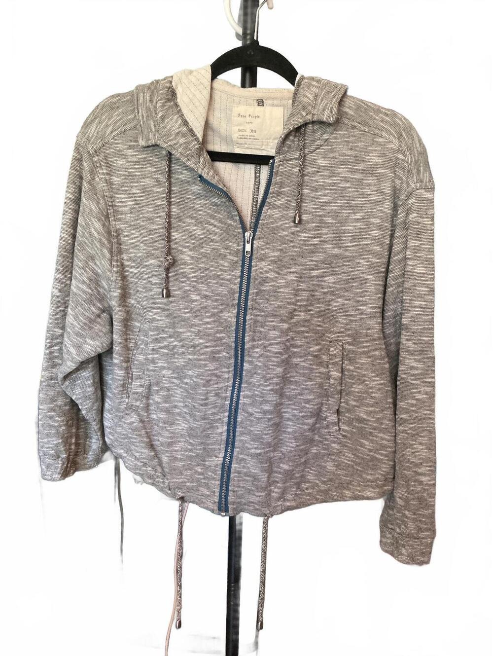 #FP029 Free People Heather Gray Zip-Up Drawstring Hoodie, Size XS